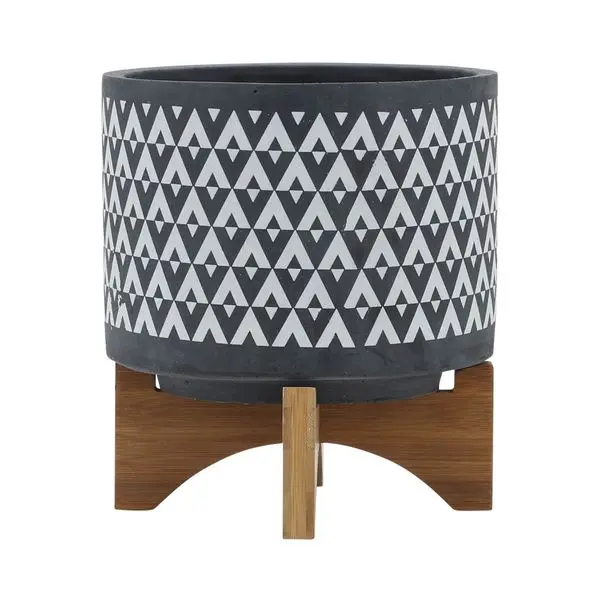 PLANTEUR AZTEC CERAMIQUE 8' SUR SUPPORT EN BOIS, GRIS