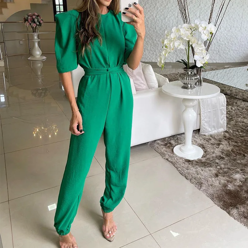 

Summer Solid Color Fashion Jumpsuit Spring Mid-Waist Jumpsuits O-Neck Half Sleeve Long Playsuits Pants with Sashes