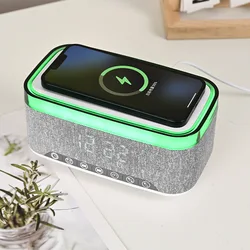 Newest Creative Bluetooth Speakers Alarm Clock 15W Mobile Phone Wireless Charger BT5.3 Music Player with Colorful Night Light