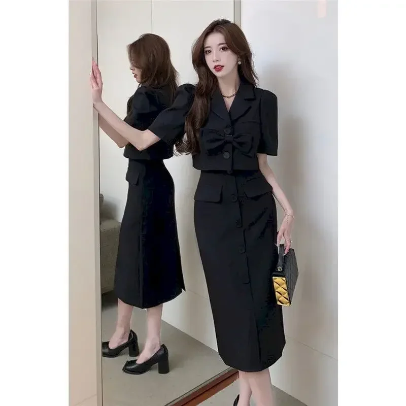 Lnsozkdg Women\'s 2 Two Piece Bow Tie Cropped Jacket Coat Skirt Suit Womens Summer Blazer Set Outfits Knee Length Suite
