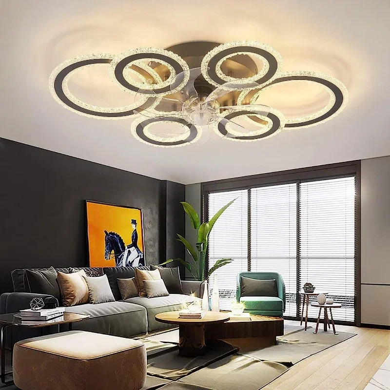 

Simple Living Room Decor Ceiling Fans Light Crystal LED Lights Lighting Bedroom Dining Creative Multi-head Remote Circular Lamp