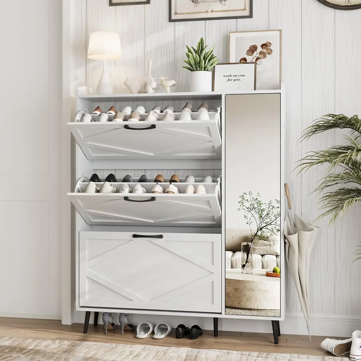 

BestsellerShoe Cabinet with 3 Flip Drawers & Mirror, Hidden Shoe Storage Cabinet with 5 Wooden Legs, Slim Shoe Rack Cabinet with