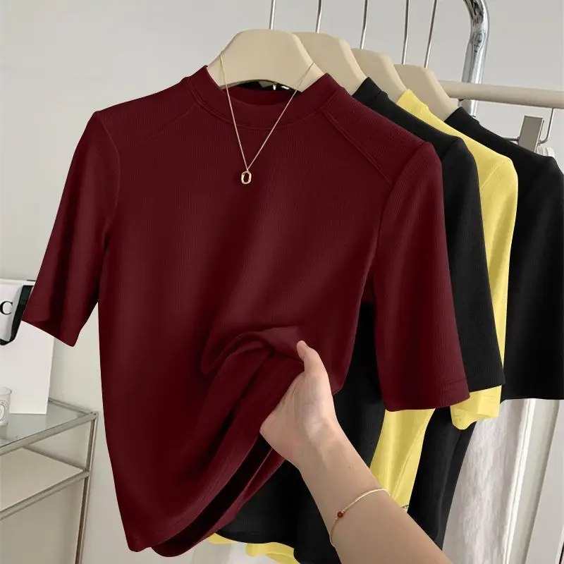 Women Spring  Autumnr Mid Sleeve Top for Fashion Versatile Base Shirt Slim Fit New Mock Neck T-shirt Casual and Fashion Clothing