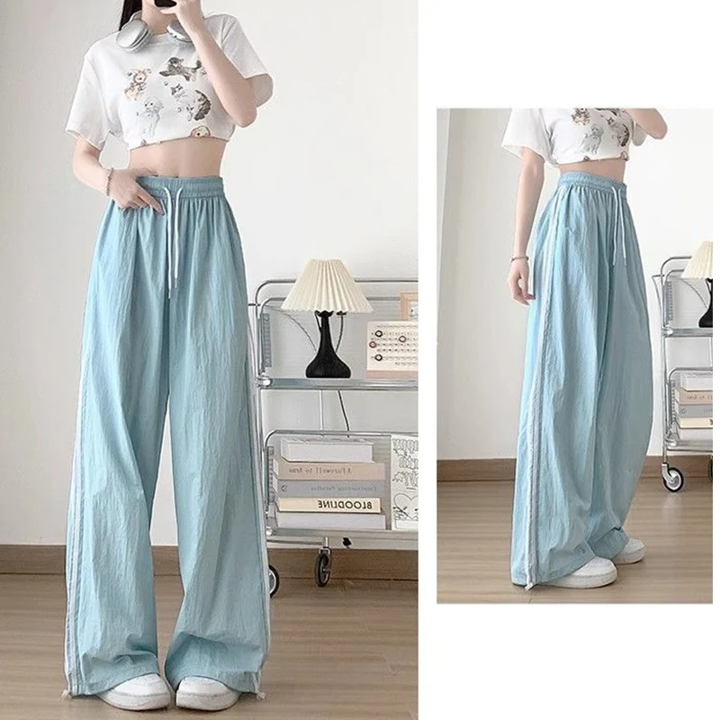Nouveau Streetwear femmes rayé pantalon de créateur filles taille haute séchage rapide pantalon femme Chic coréen jambe droite pantalon