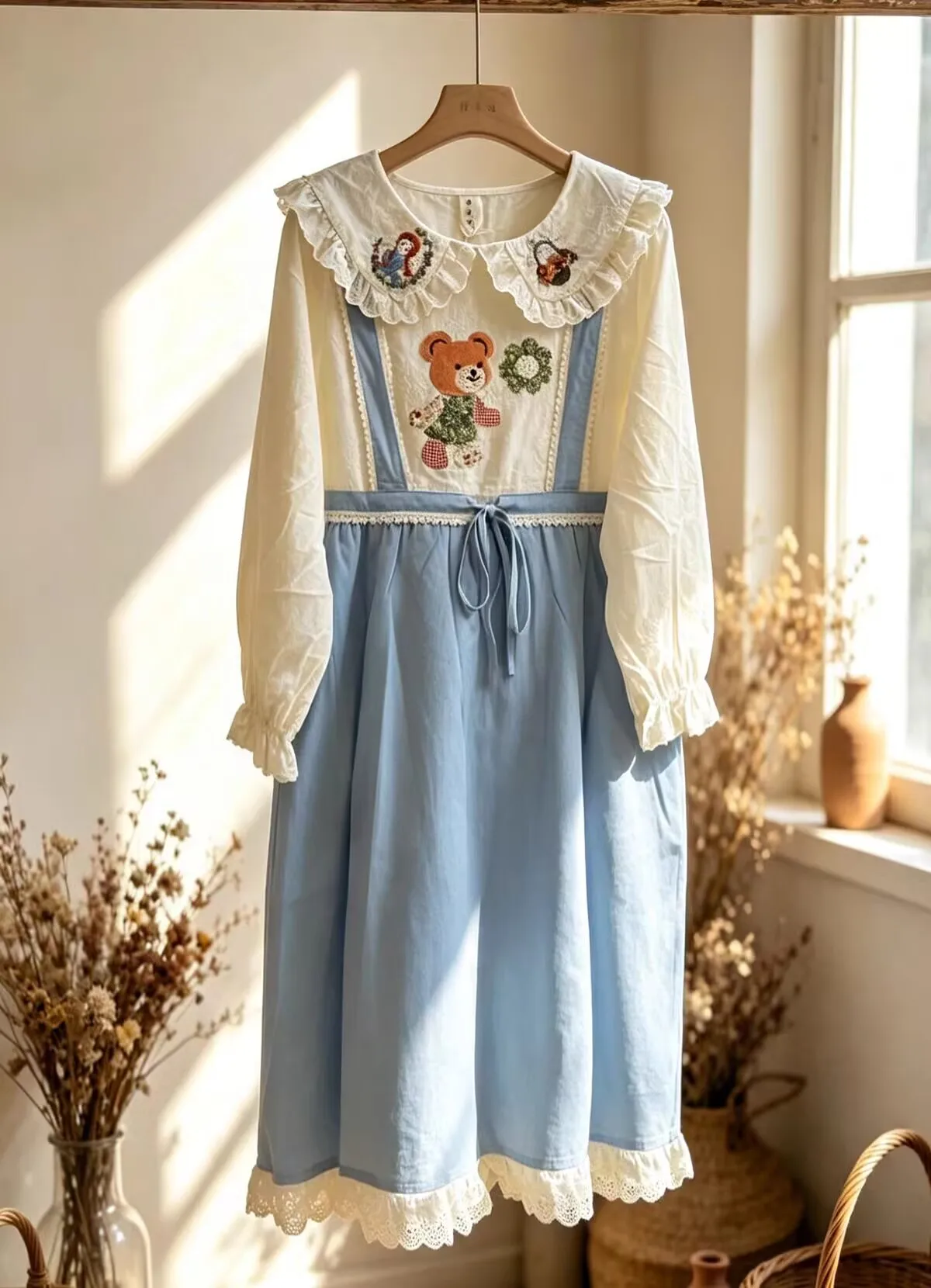 Women Vintage Embroidery Cotton Dress Japanese Mori Girl Peter Pan Collar Kawaii Dress Lace Ruffled Loose Vestido