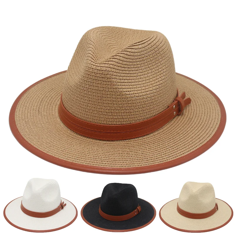 

Vintage Western Panama Fedora Hat – Retro Wide Brim Straw Sun Hat with Double Yellow Strap, Breathable Beach Jazz Cap for Women