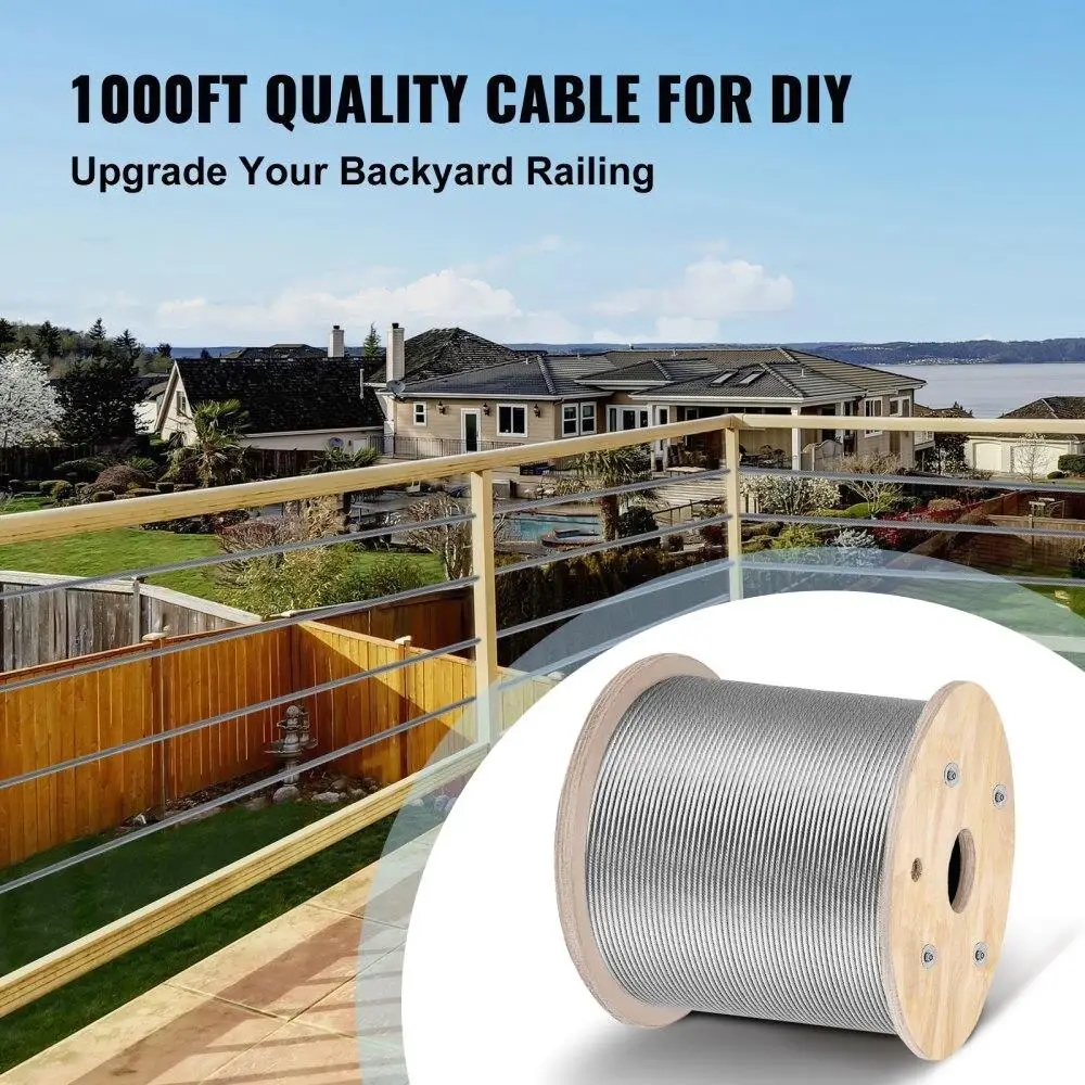 T316 Stainless Steel Cable 1/8 x 1000ft Braided Wire Rope 1x19 Strands 2100lbs Strength for deck Railing Handrail Fence