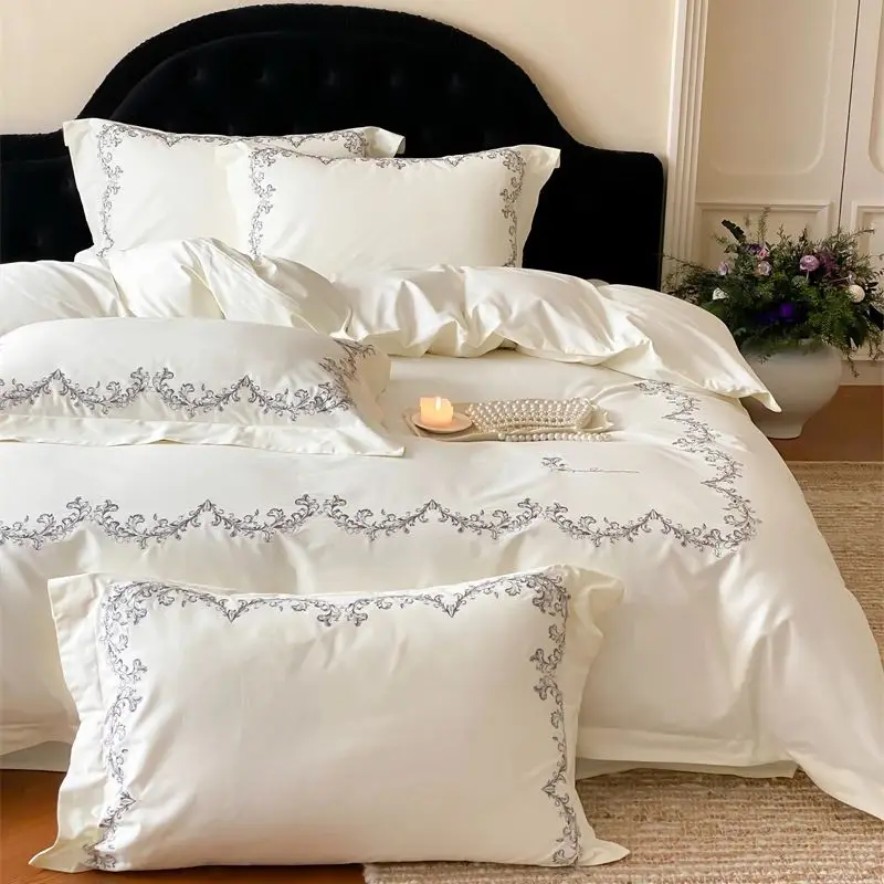 

600TC Egyptian Cotton Brushed Luxury Bedding Set, Chic Embroidery Duvet Cover, Bed Sheet/Fitted Sheet, With Pillowcases, 4Pcs