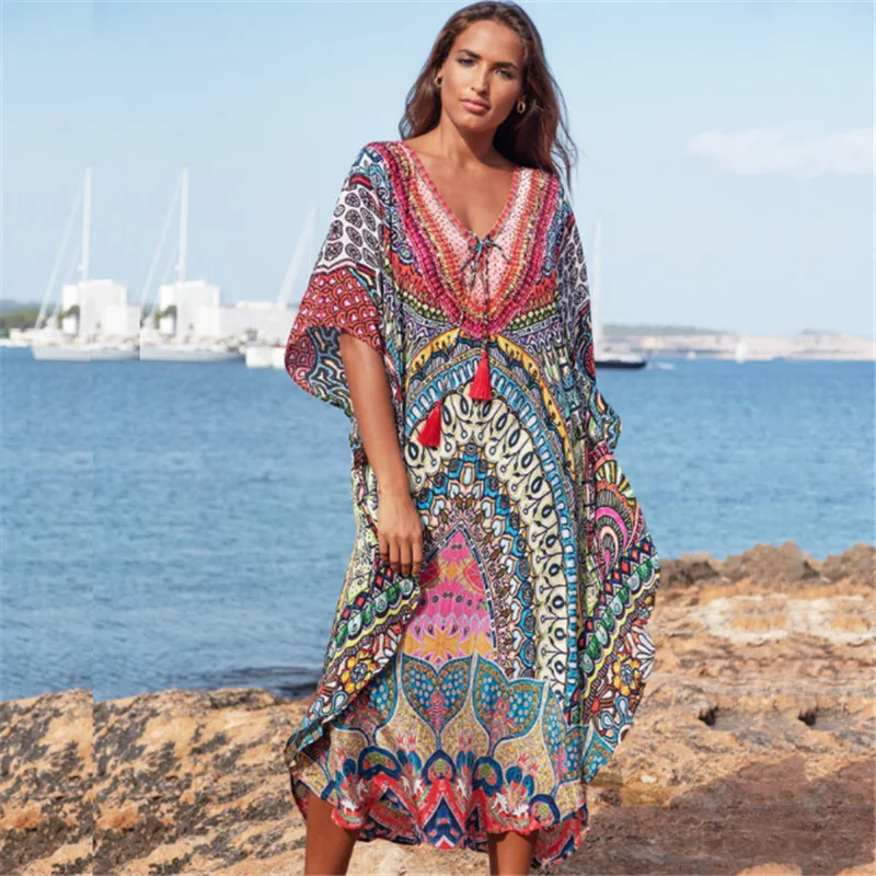 Women Summer Beach Cover Up Oversized Lightweight Four Way Stretch Printed Kimono Shirt with Drawstring Waist for Vacation Swimw