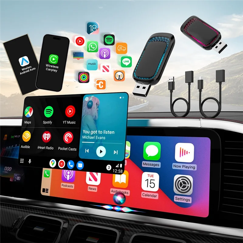 محول Carplay اللاسلكي ومحول Android Auto اللاسلكي مع الضوء المحيط، محول Carplay لـ IOS 10+ وAndroid 11+