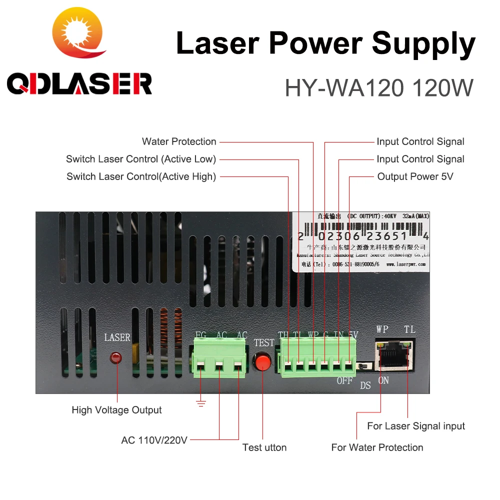 QDLASER 120W CO2 Laser Power Supply Source HY-WA120 for CO2 Laser Engraving Cutting Machine Long Warranty