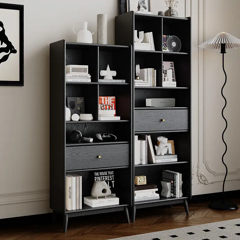 LMM all solid wood bookcase oak retro black light luxury medieval vertical cabinet American French bookshelf