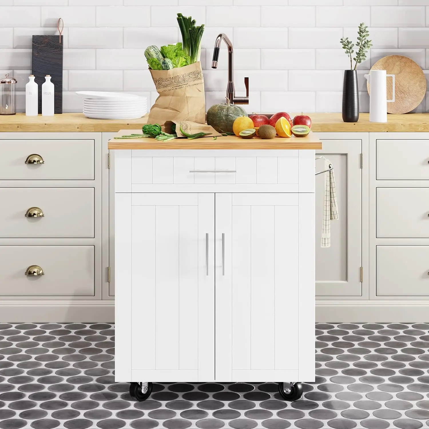

Shintenchi Kitchen Island Cart with Storage,Rolling Side Table on Wheels with Large Worktop, Cabinet