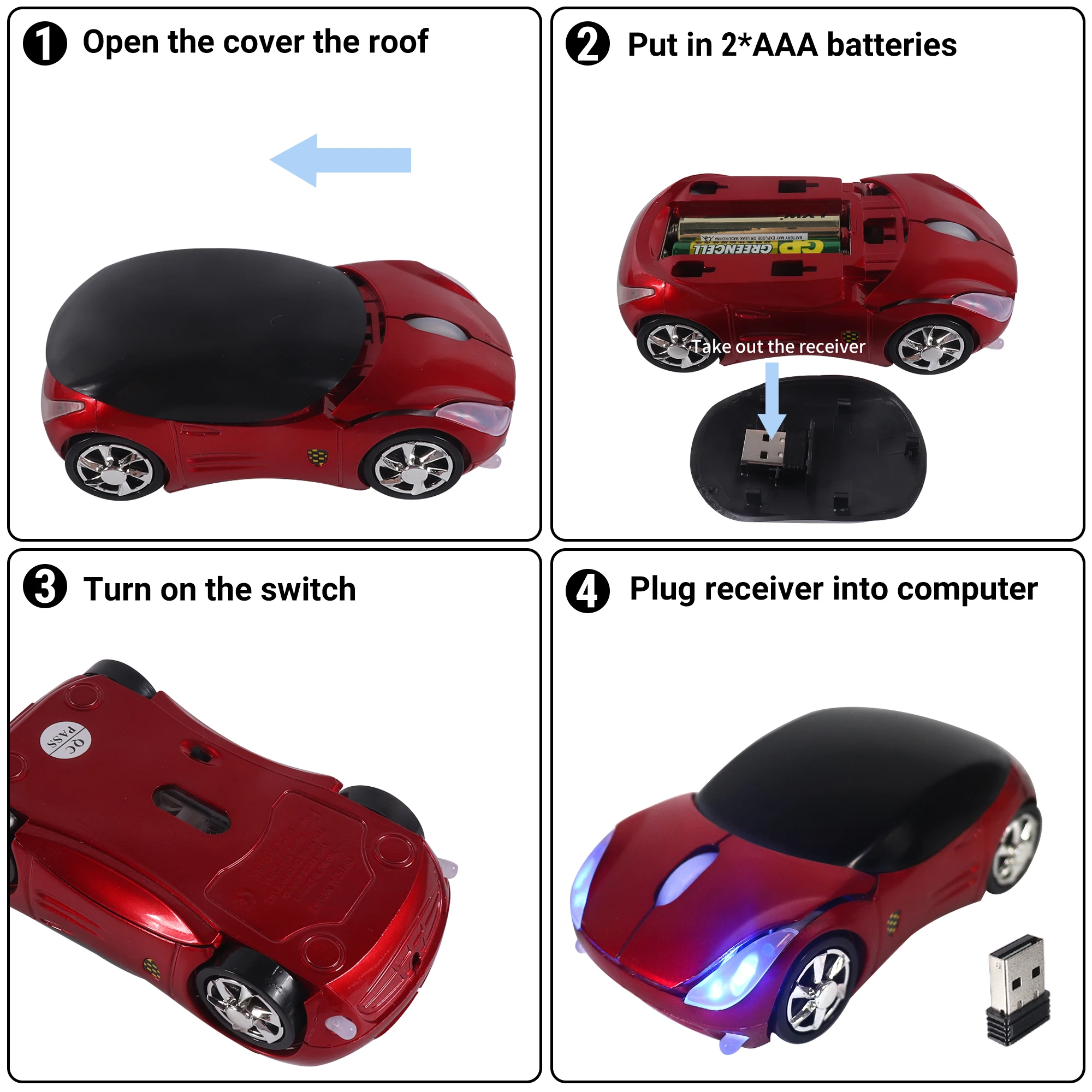 Ratón inalámbrico de 2,4G Suppercar Mause, apariencia de coche, peso ligero, portátil, fresco, uso en oficina, transmisión de luz, faro, regalo