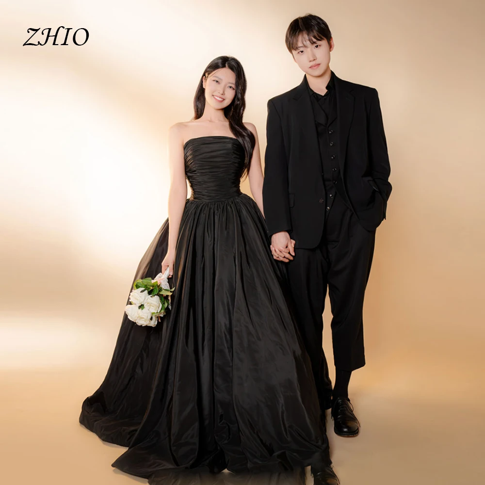 ZHIO Corea personalizado negro una línea vestido de novia tafetán corsé plisado vestido de novia sin tirantes hasta el suelo vestidos de novia