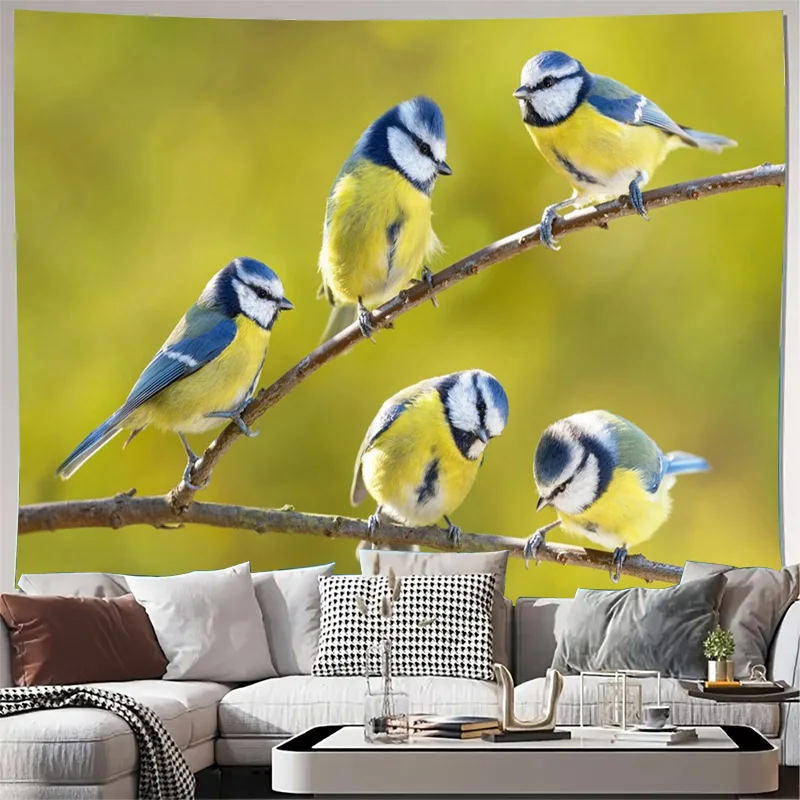 Realistic Bird Family Tapestry Wall Hanging Blue Yellow Nature Wildlife Art Decor for Living Room Bedroom Nursery Room Canvas Pr