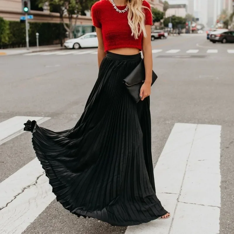 Gonna da donna di moda Prom stile coreano solido a vita alta abiti larghi eleganti da donna a pieghe gonne lunghe vestiti OFE03