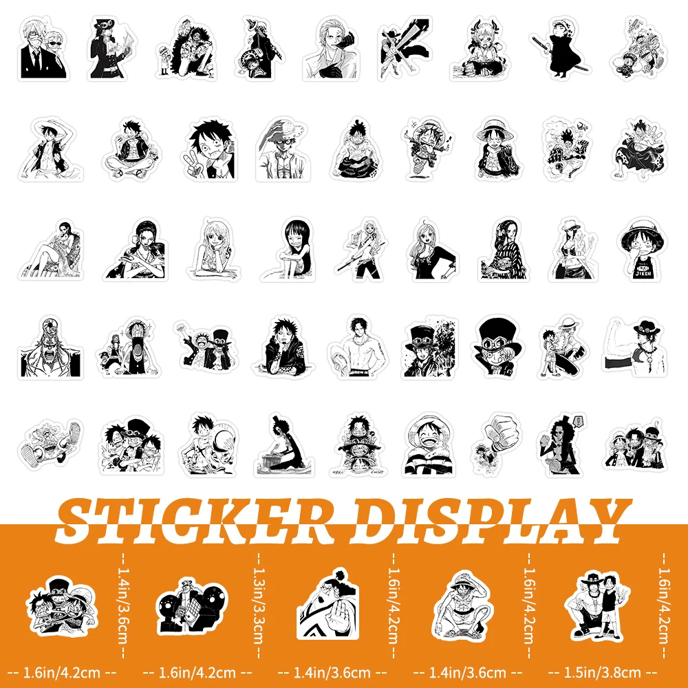 10/30/50/103PCS Black White One Piece Stickers Cute Luffy Cartoon Decals Decoration DIY Notebook Bike Phone Laptop Funny Kid Toy