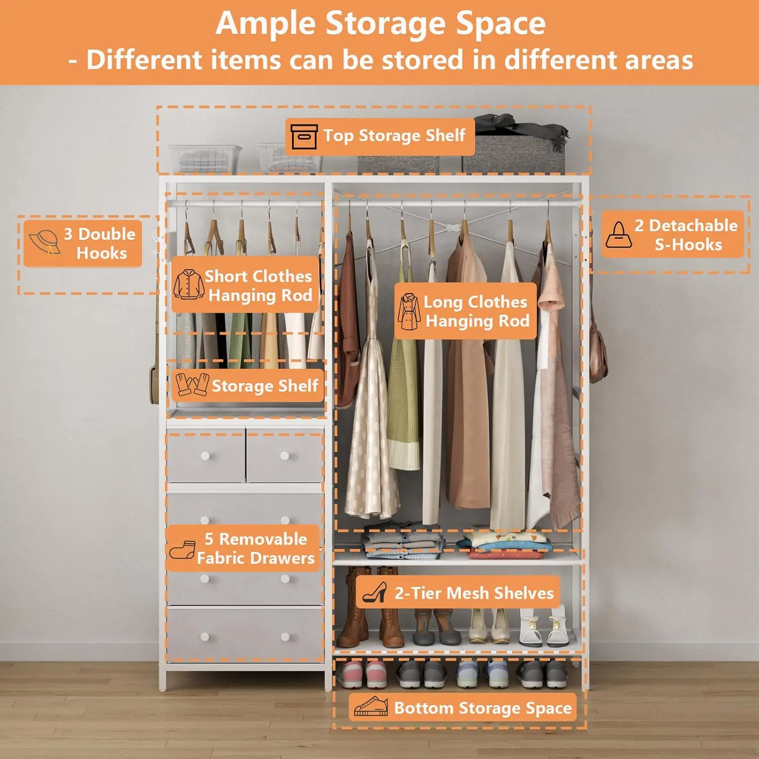 Clothes Rack with 5 Drawers, 4 Shelves, 2 Rods & 5 Hooks, Freestanding Wardrobe Organizer (White)