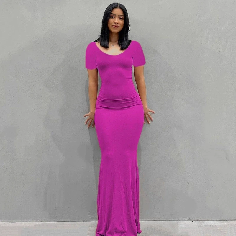 Vestidos largos sexis ajustados con tirantes finos para mujer, vestido de fiesta ajustado a la cadera de manga corta de Color sólido, ropa de calle para chicas calientes