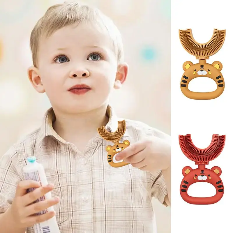 U Shaped Kids Toothbrush Cartoon Tiger Design 360 Degree U-shaped Child Toothbrush Teethers Brush Silicone Kids Oral Cleaning