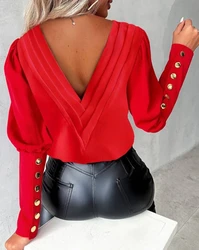 Woman Blouse 2023 Spring Autumn Fashion Backless Buttoned Design Gigot Sleeve V-Neck Casual Plain Long Sleeve Daily Top