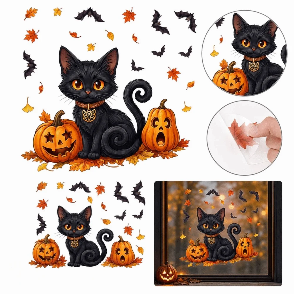 Static Glass Decal Halloween Window Sticker Static Cling Removable Black Cat Window Sticker Black Cat Pattern Pumpkin Pattern