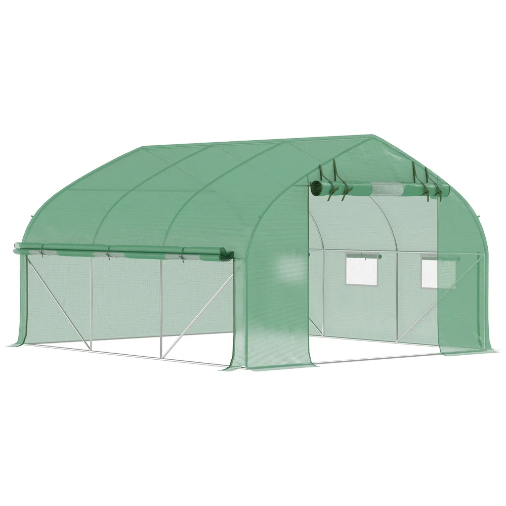 

Outsunny 11.5'x10'x6.5' Tunnel Greenhouse: Mesh Door,7 Mesh Windows,Roll-up Walls Galvanized Hoops Green