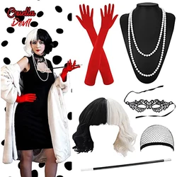 Cruella De Ville Fancy Dress Costume Halloween Costume Cruella Cosplay Party Supplies parrucca bianca nera Prop Mask guanti collana