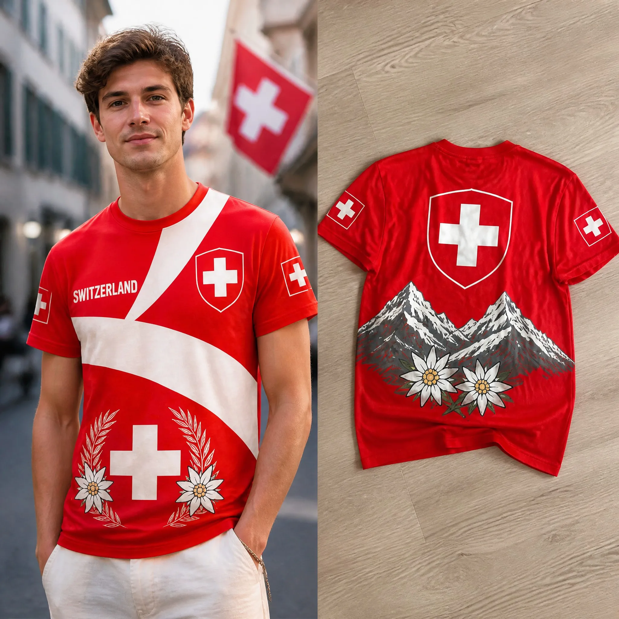 Mens Switzerland Round Neck T Shirt Red White Mountain Edelweiss Print Short Sleeve Casual Graphic Tee Daily Wear Top Easy Style