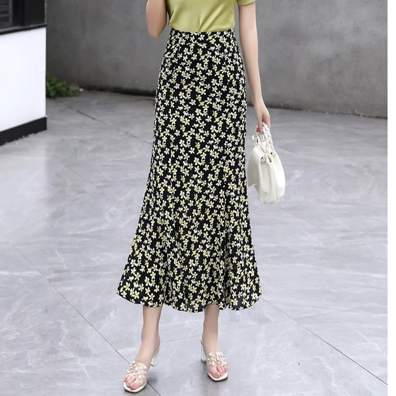 

Women Clothing 2025 Summer New Loose Office Lady Zipper High Waist Skirts Fashion Printed Elegant Bag Hip Floral Mermaid Skirts
