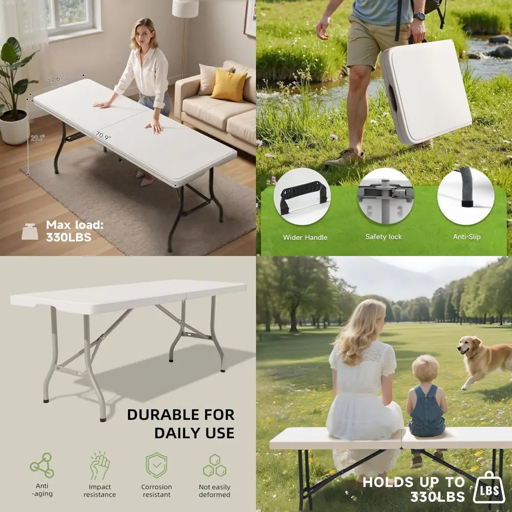 

Портативный складной стол повышенной прочности - грузоподъемность 330 фунтов, прочная конструкция с защитным замком, идеально подходит для кемпинга, вечеринок, использования в помещении и на улице.