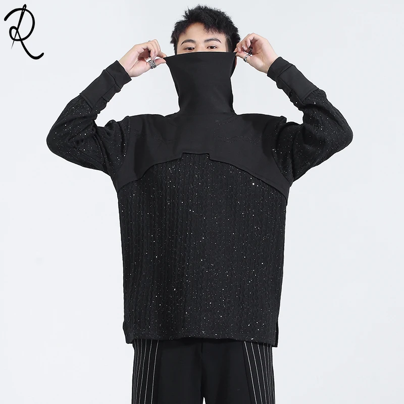 Dark Autumn And Winter Personalized Sequin Knit Sweater Patchwork Hoodie men's Half Turtleneck Base