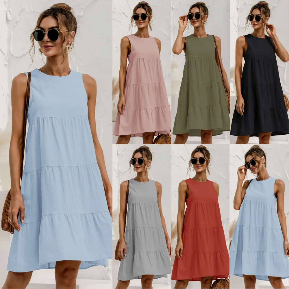 

Summer Women Vest Dress Nice Cotton O-neck Sleeveless Solid Midi Dress Stitching Large Swing Casual Loose Dress Vestido Sundress