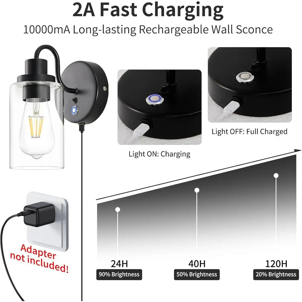 Set 2 Lampu Dinding LED Hitam Bertenaga Baterai dengan Remote, Bohlam 3 Suhu Warna, Lampu Dinding Tanpa Kabel yang Dapat Diredupkan untuk Rumah D
