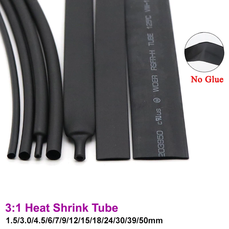 1/10M Black 3:1 Heat Shrink Tubing With No Glue1.5~50mm Cable Wrap Heat-shrinkable Sleeve Sheath Shrink Tubing For Wires