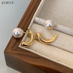 Curved Metal Water Drop Post Earrings For Women Imitation Pearl Fashion Jewelry Trendy Cute New Design Styles Gifts Party C1336