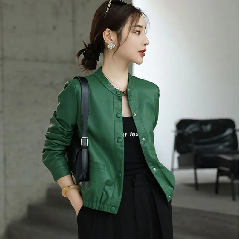 ショートバイクレザージャケットコート 2026 春秋新作 レザージャケット レディース ラウンドネック おしゃれ アウター 女性用