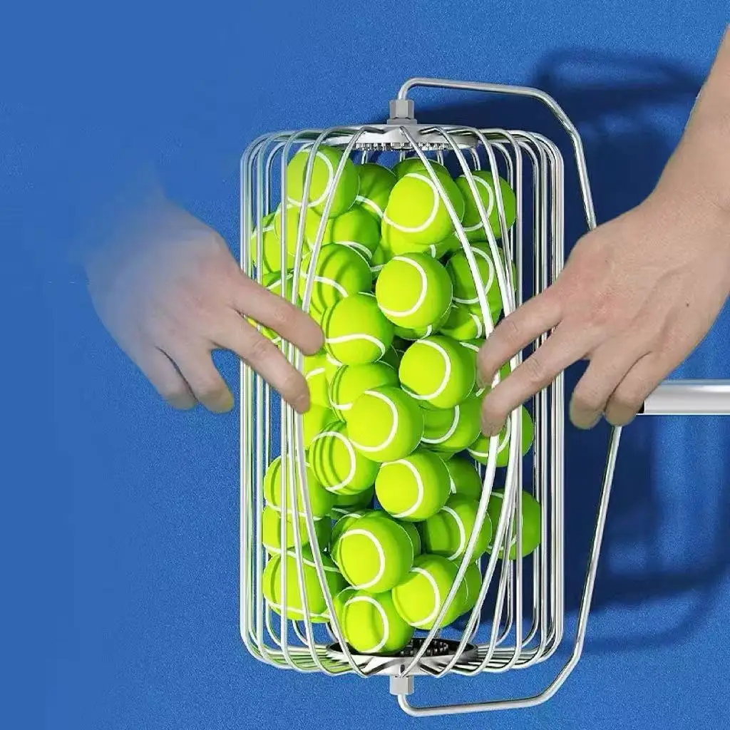 Tennis Ball Picker, Portable Hand Push Rolling Telescopic, Fast Ball Collection, Stainless Steel, 100 Balls Capacity