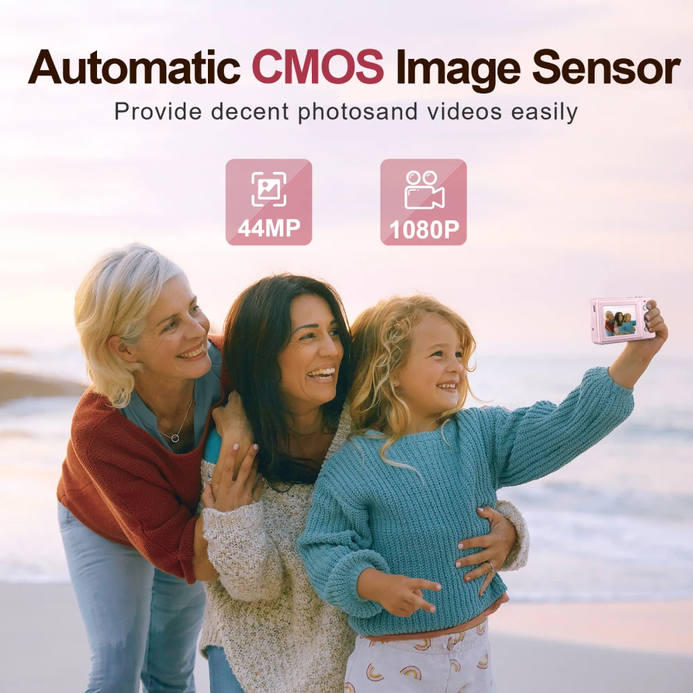 كاميرا رقمية بدقة 44 ميجابكسل، كاميرا رقمية FHD 1080P للأطفال مع بطاقة SD سعة 32 جيجابايت وكاميرا محمولة مضادة للاهتزاز وكاميرا صغيرة للمراهقين، وردي