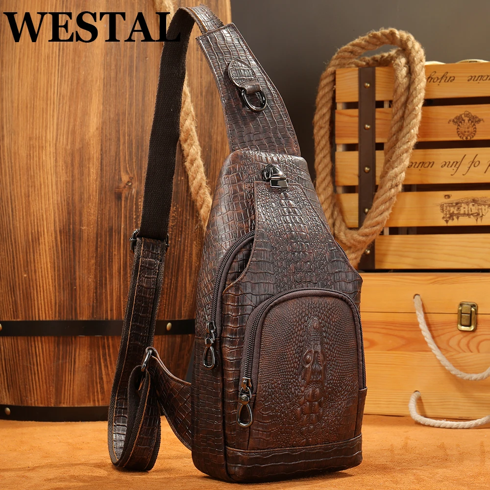 WESTAL Genuine Leather Sling Bag Anti-Thief Crossbody Personal Pocket Bag Chest Shoulder Bag for Travel Hiking Croco Design Bags