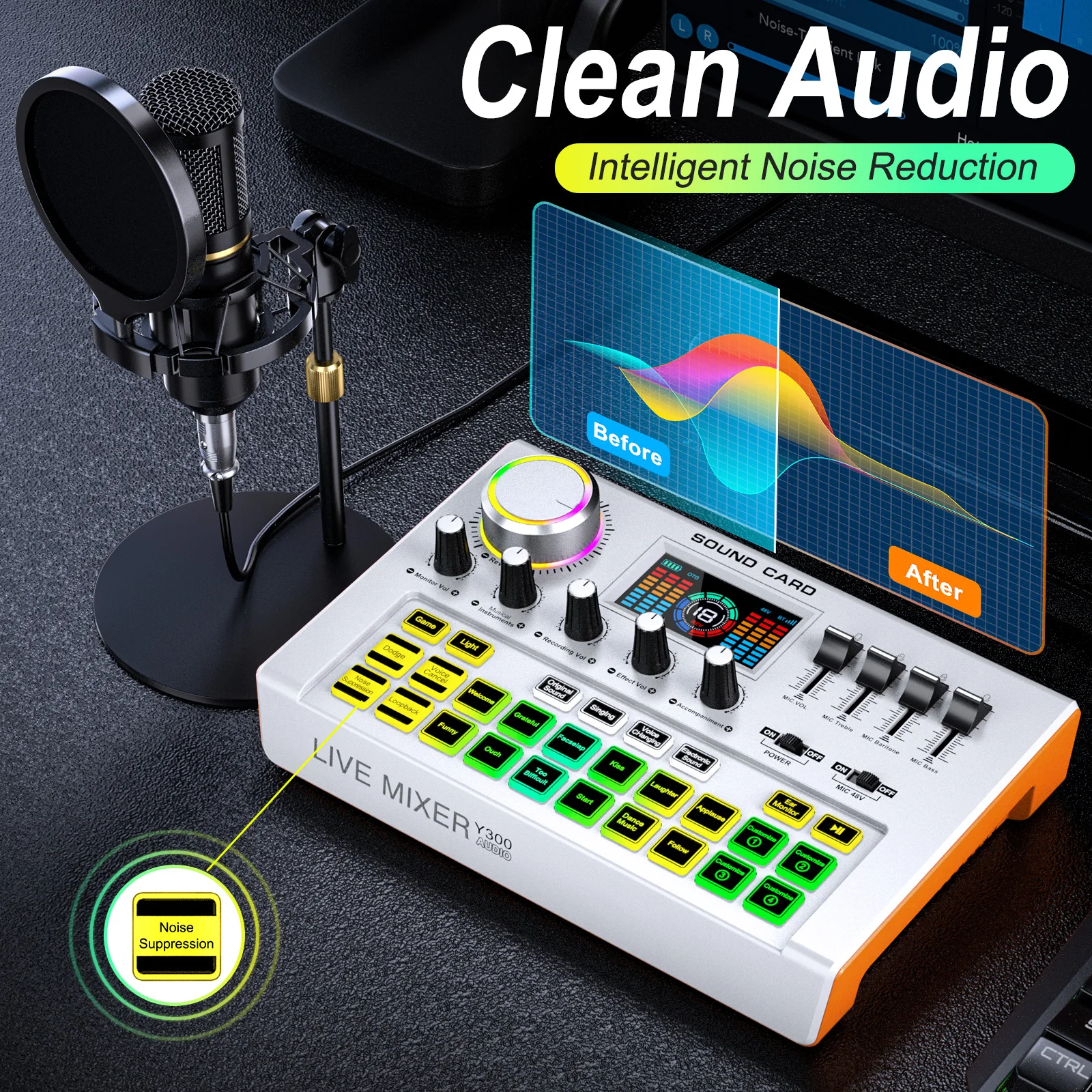 Tenlamp Y300-BM800 Podcast Microphone Bundle with Live Sound Card Audio Mixer, Sound Board with 3.5mm,Podcast Influencer KOL Singing Gaming DJ Mixing Station Controller Equipment Studio Recording Electronic Music Power Conditioner Karaoke Machine