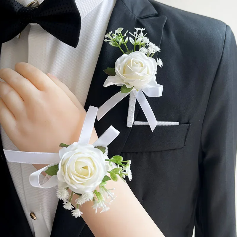 White Silk Roses Baby Breath Boutonniere Wedding Accessories Wrist Corsage Bracelets Bridesmaids Artificial Flowers Buttonhole