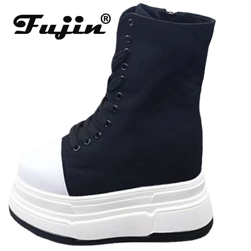 Fujin 16cm Synthetic Denim Cloth Platform Wedge Breathable Spring Autumn Women High Heel Leisure Mid Calf Ankle Boots Cushioned