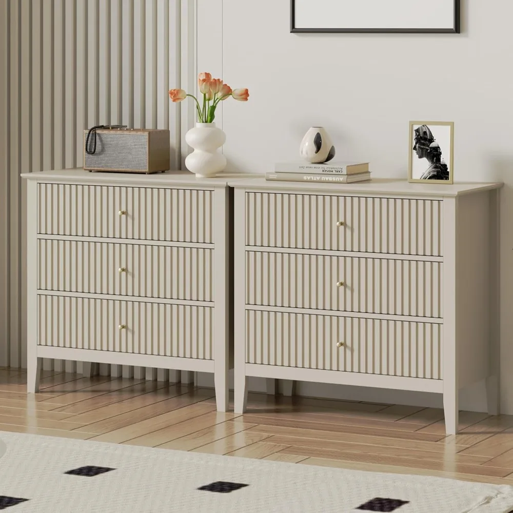 Living Room Cabinet Set of 2, Fluted Chest of Drawers with Storage with Ball Bearing Slide, Living Room Cabinet