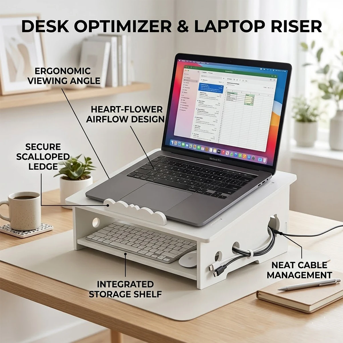 White Laptop Riser with Storage Shelf, Ergonomic Notebook Stand with Cable Management