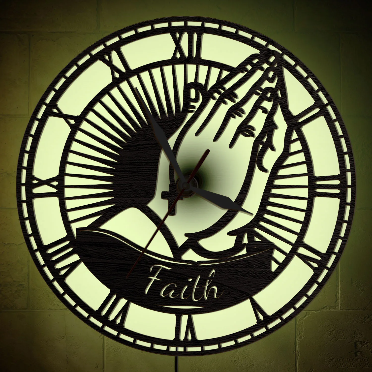 Faith Praying Hands Wooden Wall Clock With Multi Color LED Light Faith Believers Illuminated Clock Christians Personalized Gift