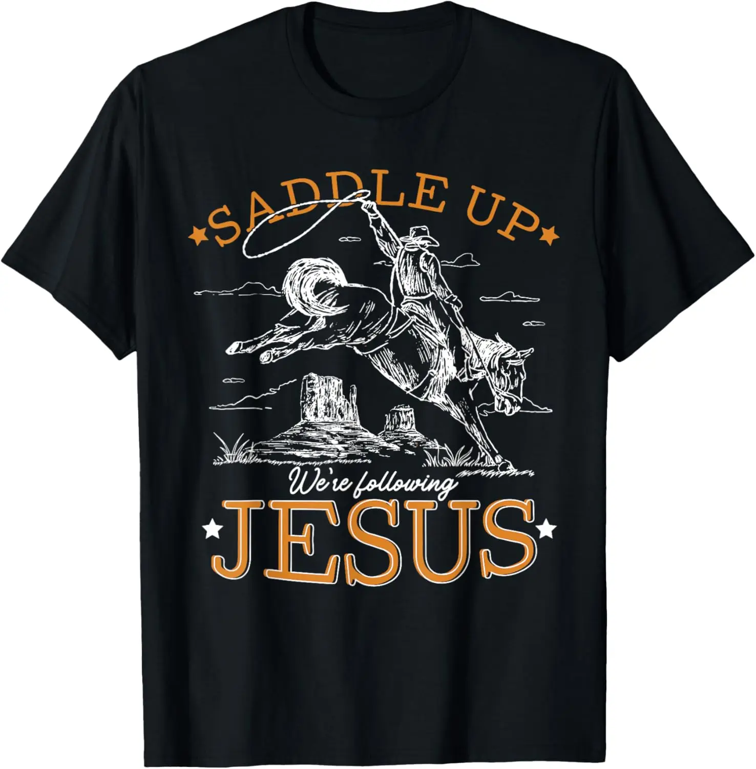 Saddle Up We're Following Jesus Retro Christian Western T-Shirt 100% Cotton Trendy Y2K Short-Sleeve Tee-Soft, Quick-Drying,