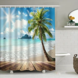 1pc Coconut Coaste Shower Curtain Bathroom Partition Decorative Curtain Machine Washable Tree Beach Print Window Privacy Curtain