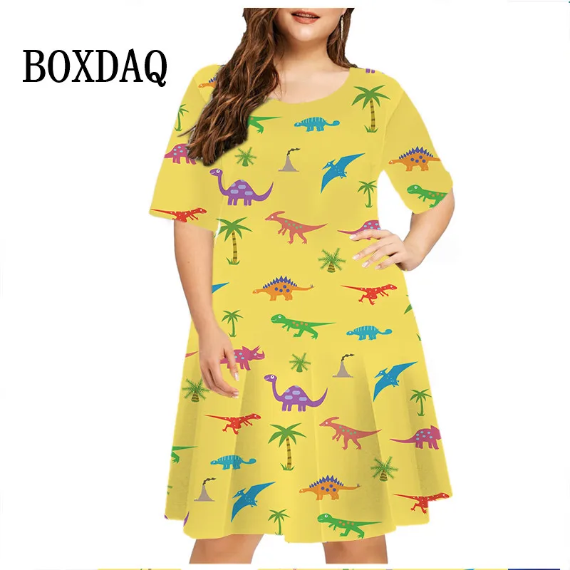 

Cute Cartoon 3D Dinosaur Patter Dress Women Kawaii Print Dress Summer Fashion Short Sleeve Party Dress Casual Loose Mini Dresses